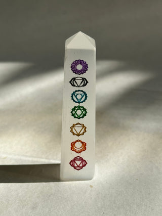 Selenite 7 Chakra Tower - A calming tower that instils deep peace and is excellent for meditation or spiritual work